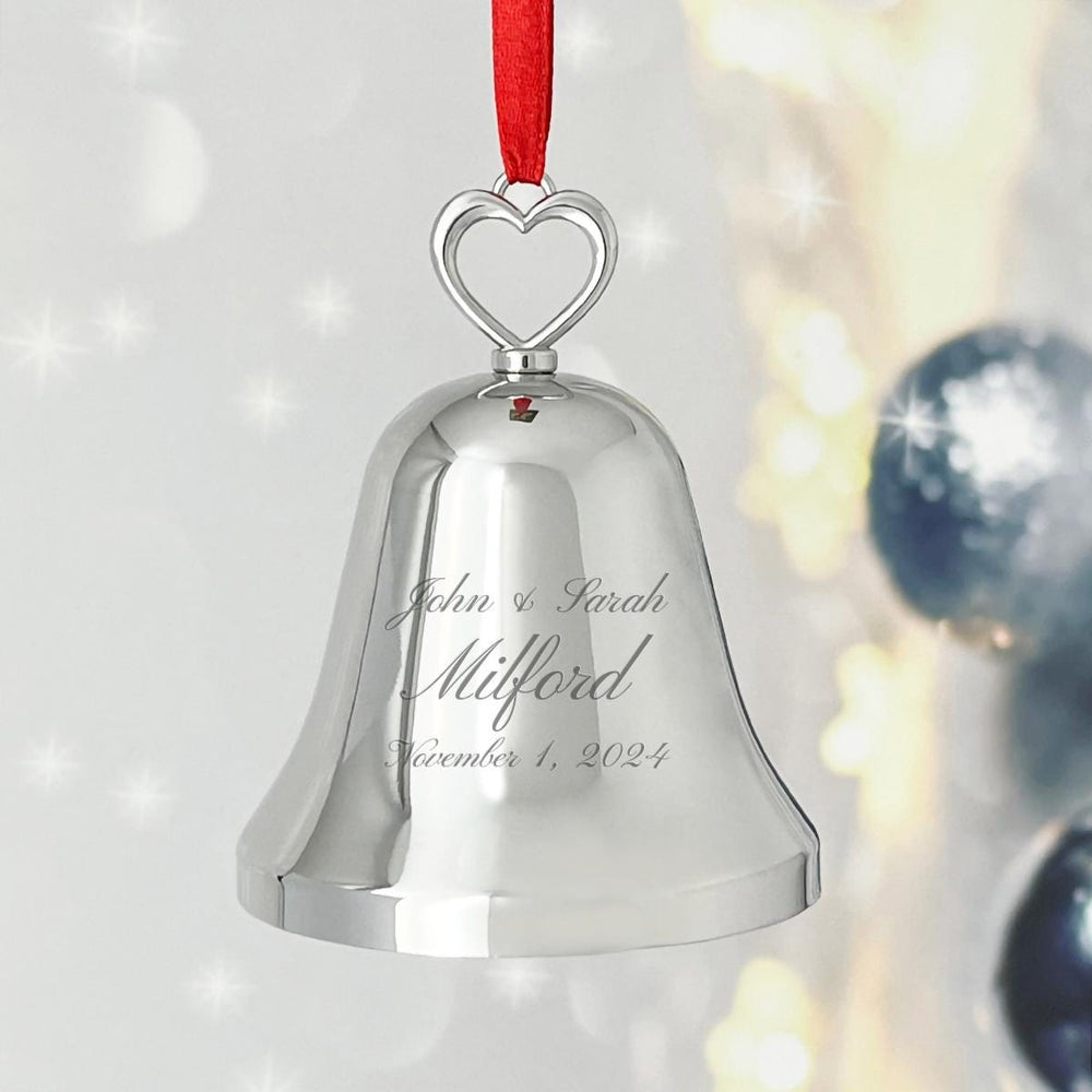 Ravanox Personalized Silver Bell Ornament with Heart Top, Custom Engraved 3.25" Bell Christmas Ornament for Couples, Wedding, New Baby 2025 lifetime engraving
