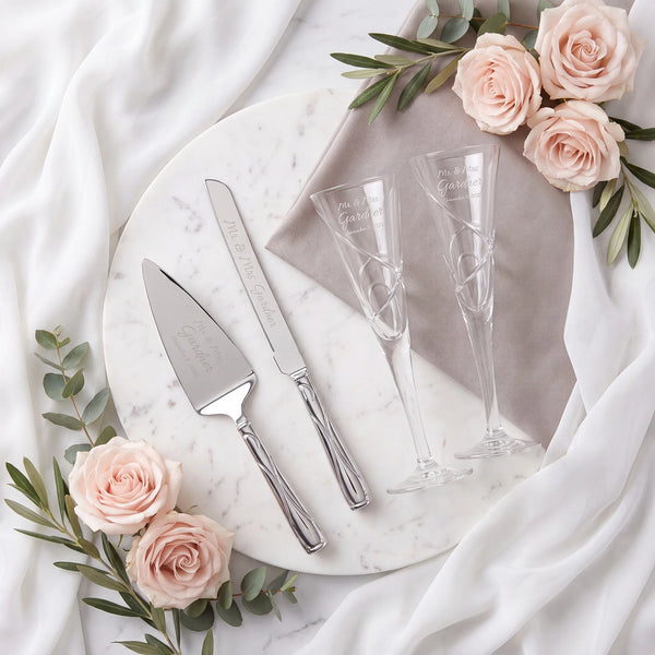 Lenox Adorn Wedding Bundle with Champagne Flutes & Cake Knife and Server Set lifetime engraving