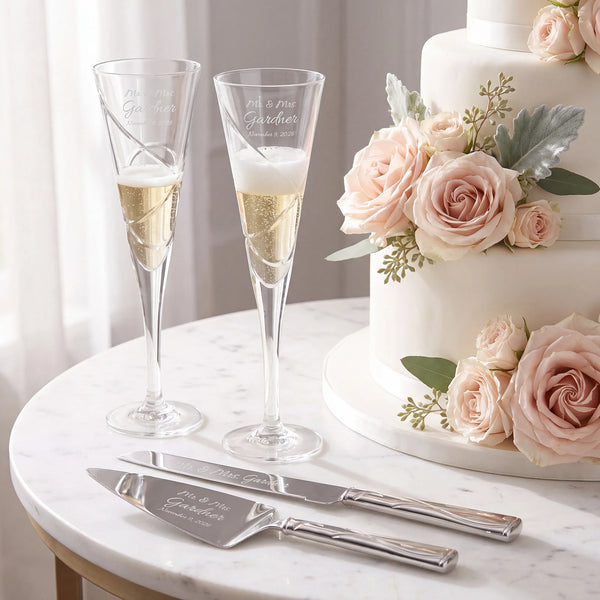 Lenox Adorn Wedding Bundle with Champagne Flutes & Cake Knife and Server Set lifetime engraving
