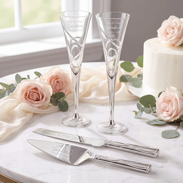 Lenox Adorn Wedding Bundle with Champagne Flutes & Cake Knife and Server Set lifetime engraving