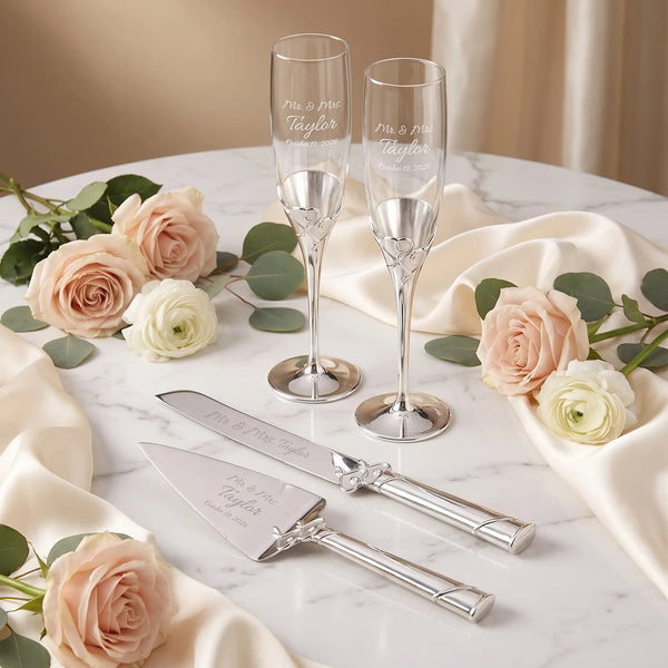 Lenox True Love Wedding Bundle with Champagne Flutes & Cake Knife and Server Set lifetime engraving