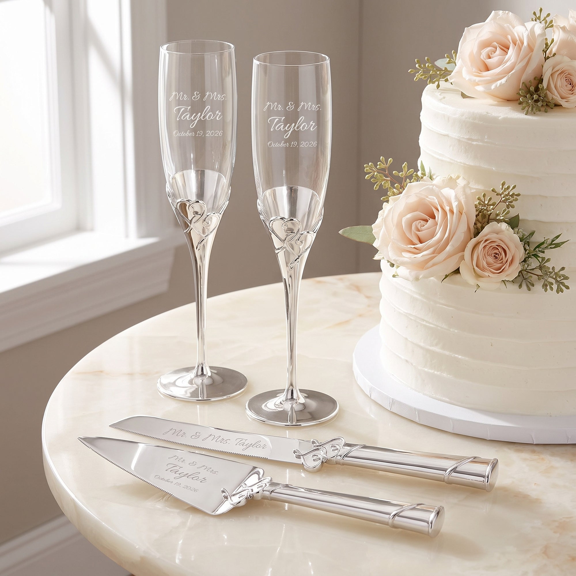 Lenox True Love Wedding Bundle with Champagne Flutes & Cake Knife and Server Set lifetime engraving