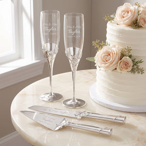 Lenox True Love Wedding Bundle with Champagne Flutes & Cake Knife and Server Set lifetime engraving