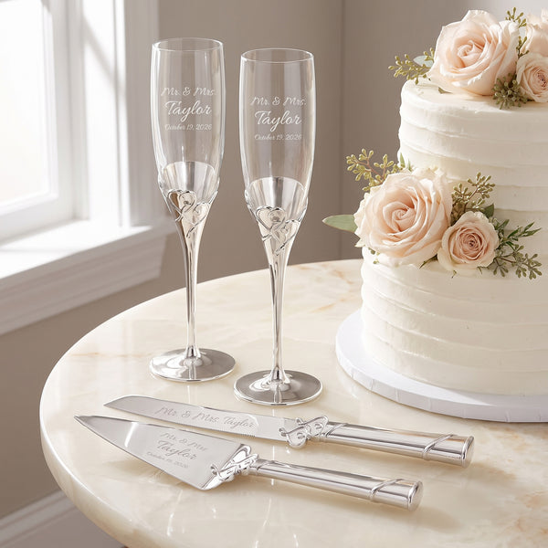Lenox True Love Wedding Bundle with Champagne Flutes & Cake Knife and Server Set lifetime engraving