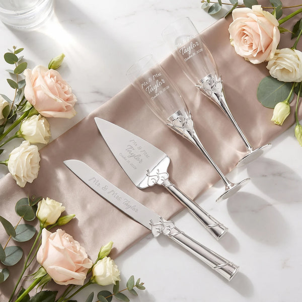 Lenox True Love Wedding Bundle with Champagne Flutes & Cake Knife and Server Set lifetime engraving