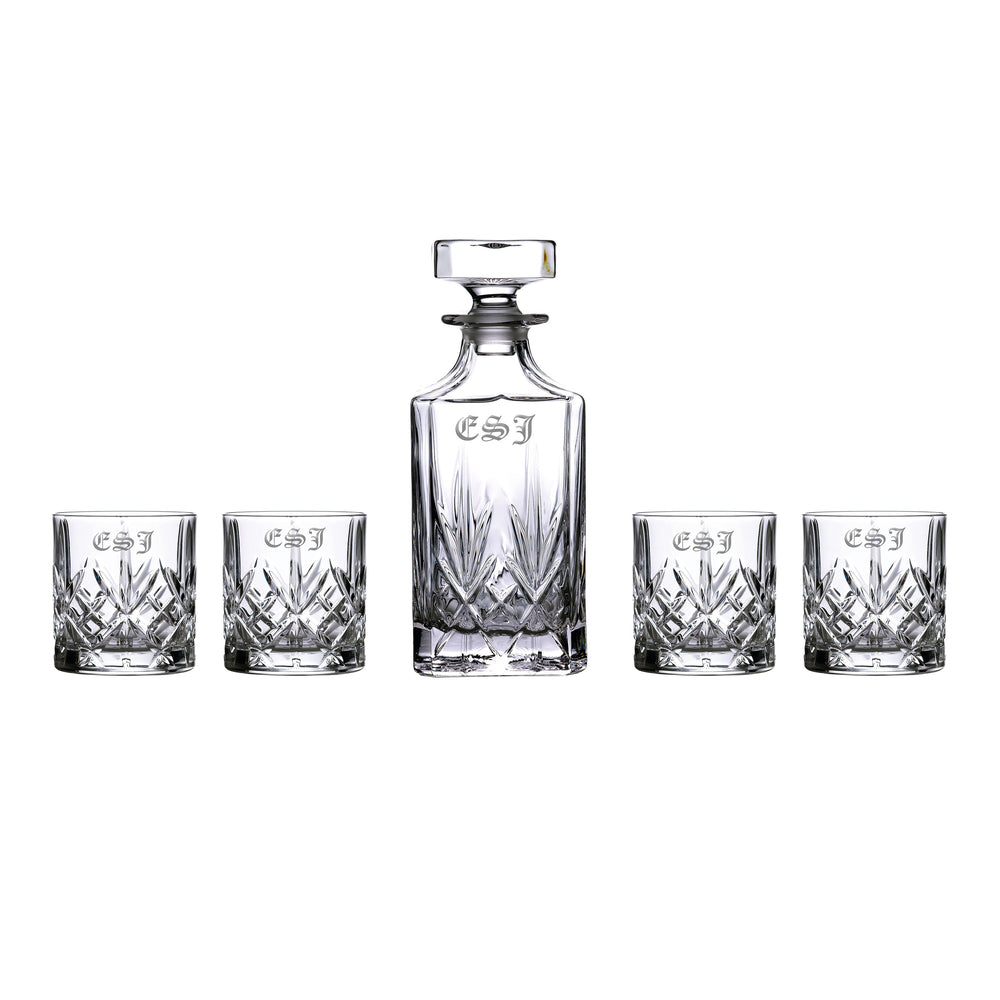 Marquis by Waterford Maxwell Crystal Decanter Set with 4 Rocks Glasses lifetime engraving
