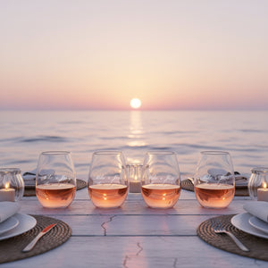 Table setting with glasses of rose wine at sunset by the ocean