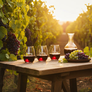 Wine glasses and decanter on a wooden table with grapes in a vineyard setting