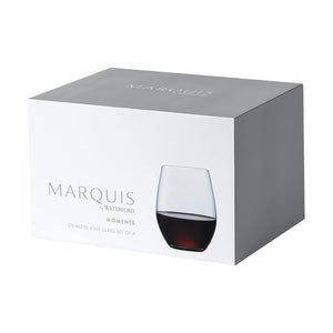 Marquis by Waterford wine glass set packaging with a glass of red wine inside.