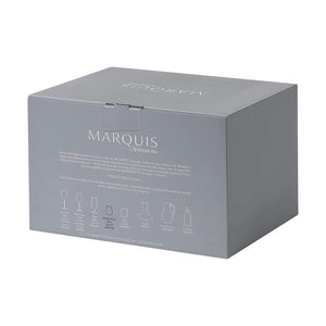 Gray box with 'Marquis' branding and product information on a white background