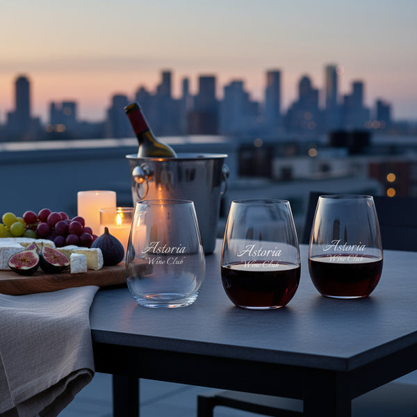 Wine glasses with 'Astoria Wine Club' branding on a table with a city skyline in the background.