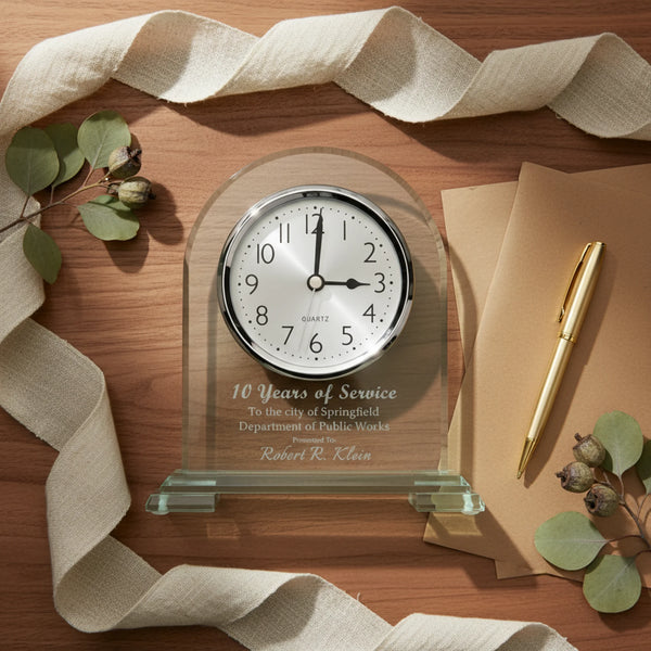 Ravanox Arch Jade Glass Desk Clock Award, 6.5"