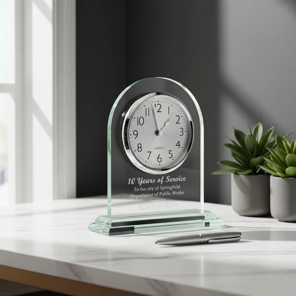 Ravanox Arch Jade Glass Desk Clock Award, 6.5"