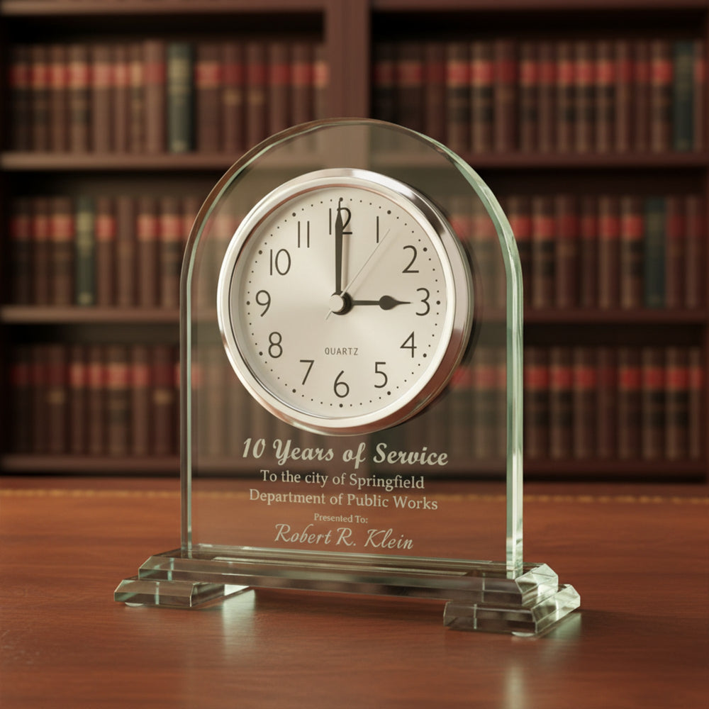 Ravanox Arch Jade Glass Desk Clock Award, 6.5"