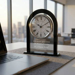 Ravanox Black Clear Arch Glass Clock, 6.25" lifetime engraving