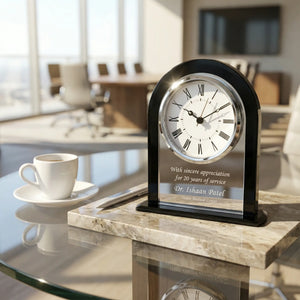 Ravanox Black Clear Arch Glass Clock, 6.25" lifetime engraving