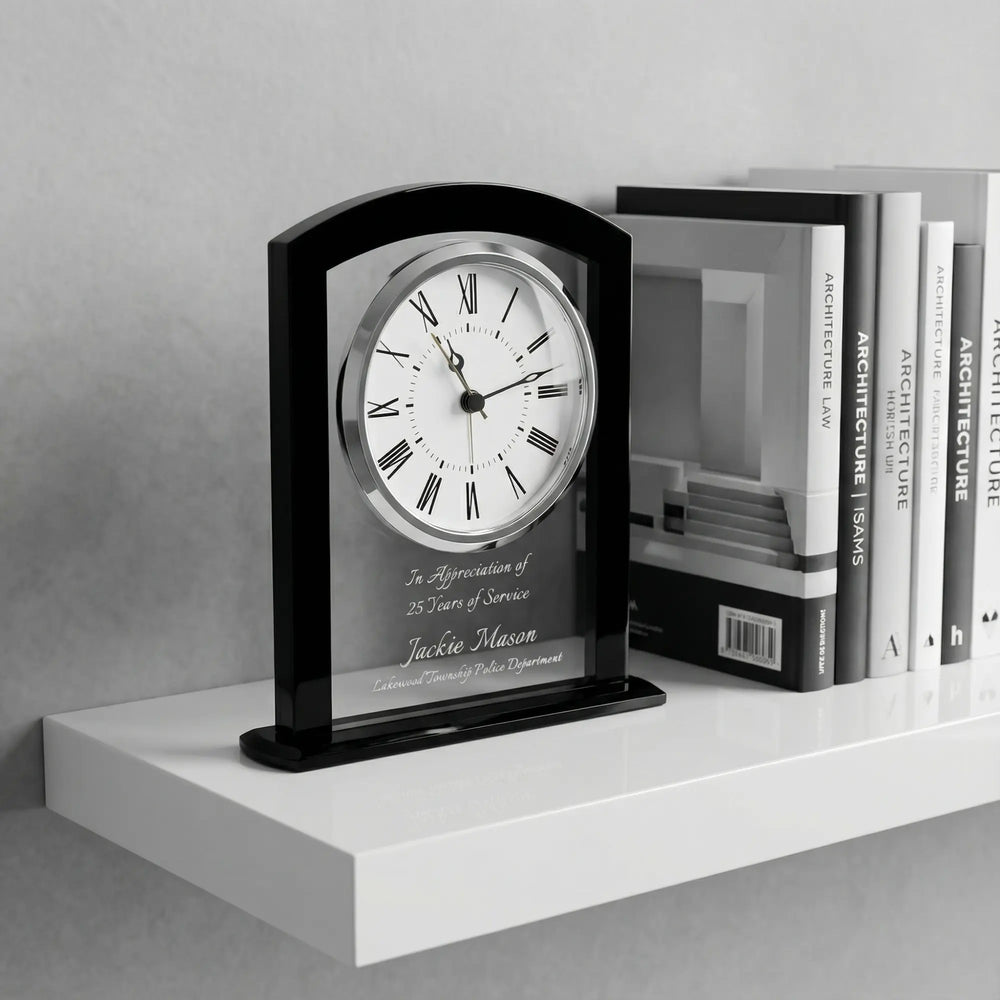 Ravanox Black & Clear Square Arch Glass Clock, 6.25"