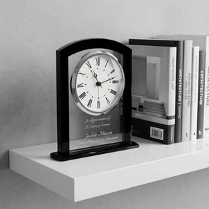 Ravanox Black & Clear Square Arch Glass Clock, 6.25" lifetime engraving