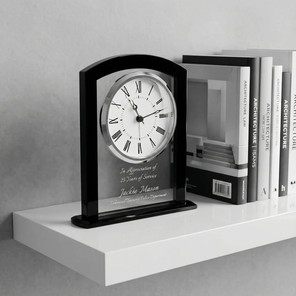 Ravanox Black & Clear Square Arch Glass Clock, 6.25" lifetime engraving