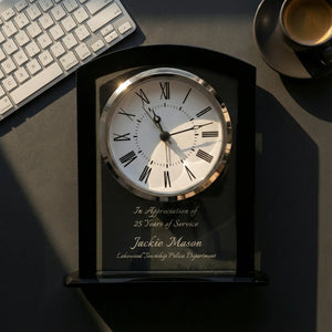 Ravanox Black & Clear Square Arch Glass Clock, 6.25" lifetime engraving