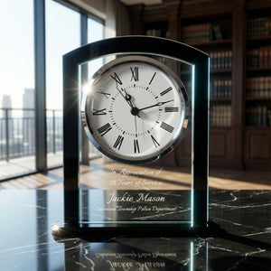 Ravanox Black & Clear Square Arch Glass Clock, 6.25" lifetime engraving