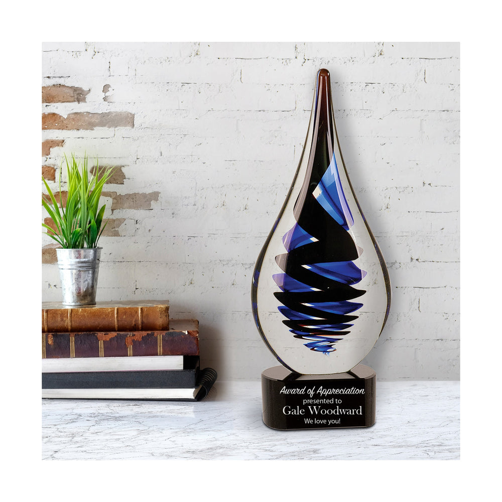 Ravanox Black Twist Raindrop Art Glass Award, 11.25" lifetime engraving