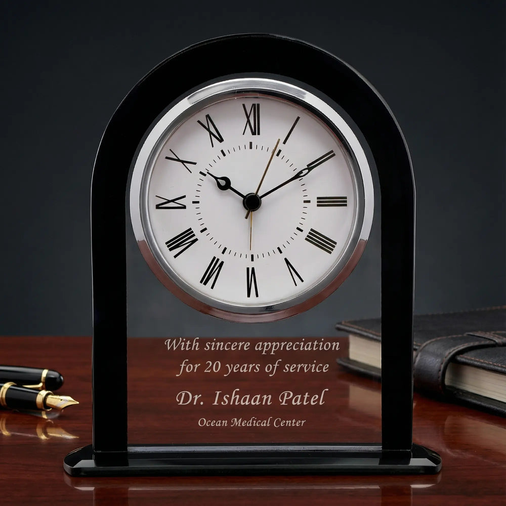 Ravanox Black/Clear Square Arch Glass Clock, 6 1/4"