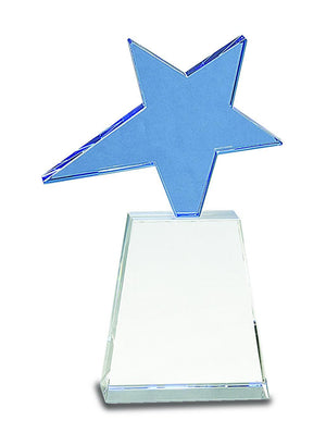 Ravanox Blue Crystal Star on Clear Plaque Base Award with Logo, 8" lifetime engraving
