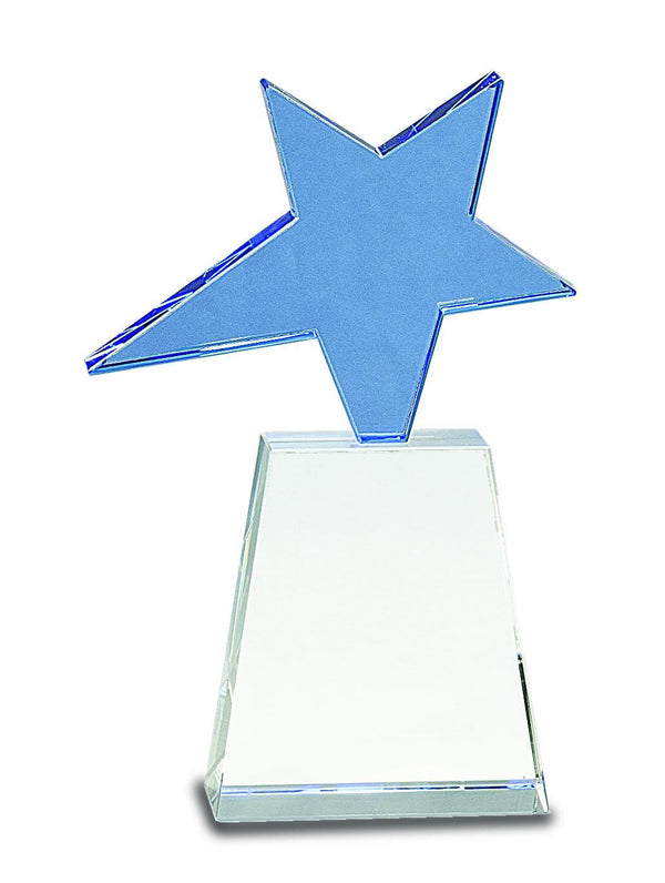 Ravanox Blue Crystal Star on Clear Plaque Base Award with Logo, 8" lifetime engraving