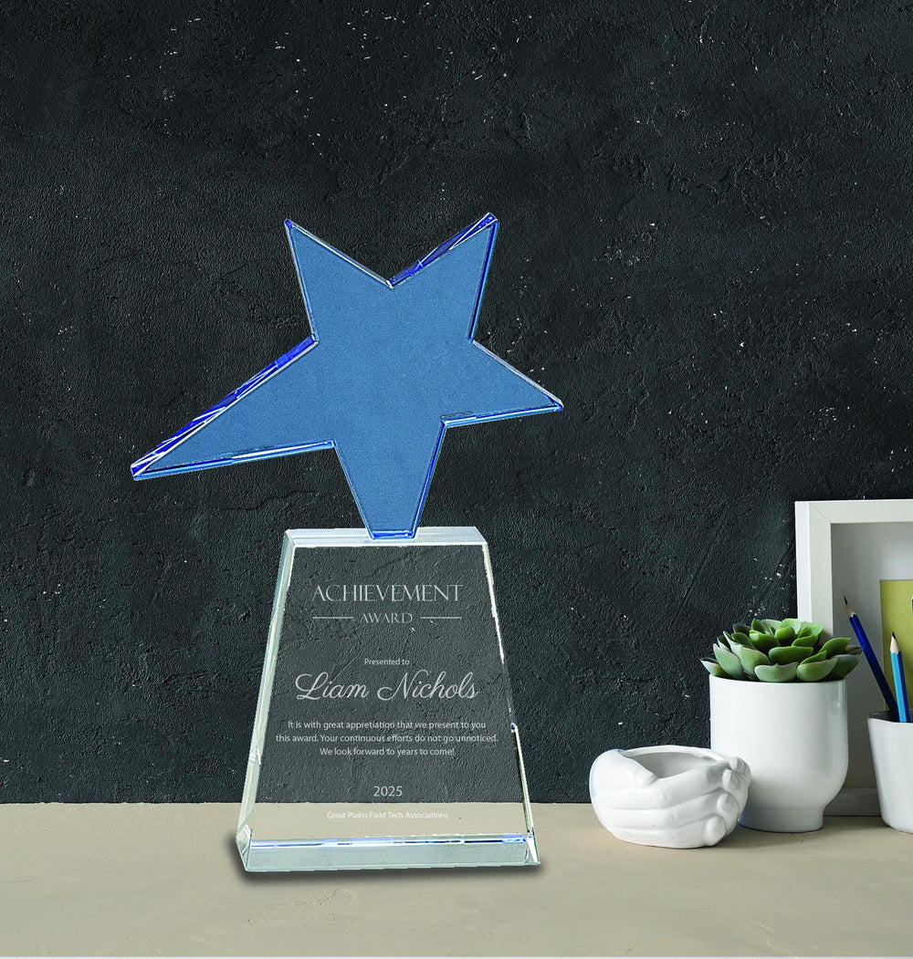 Ravanox Blue Crystal Star on Clear Plaque Base Award with Logo, 8" lifetime engraving