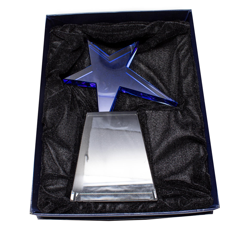Ravanox Blue Crystal Star on Clear Plaque Base Award with Logo, 8" lifetime engraving