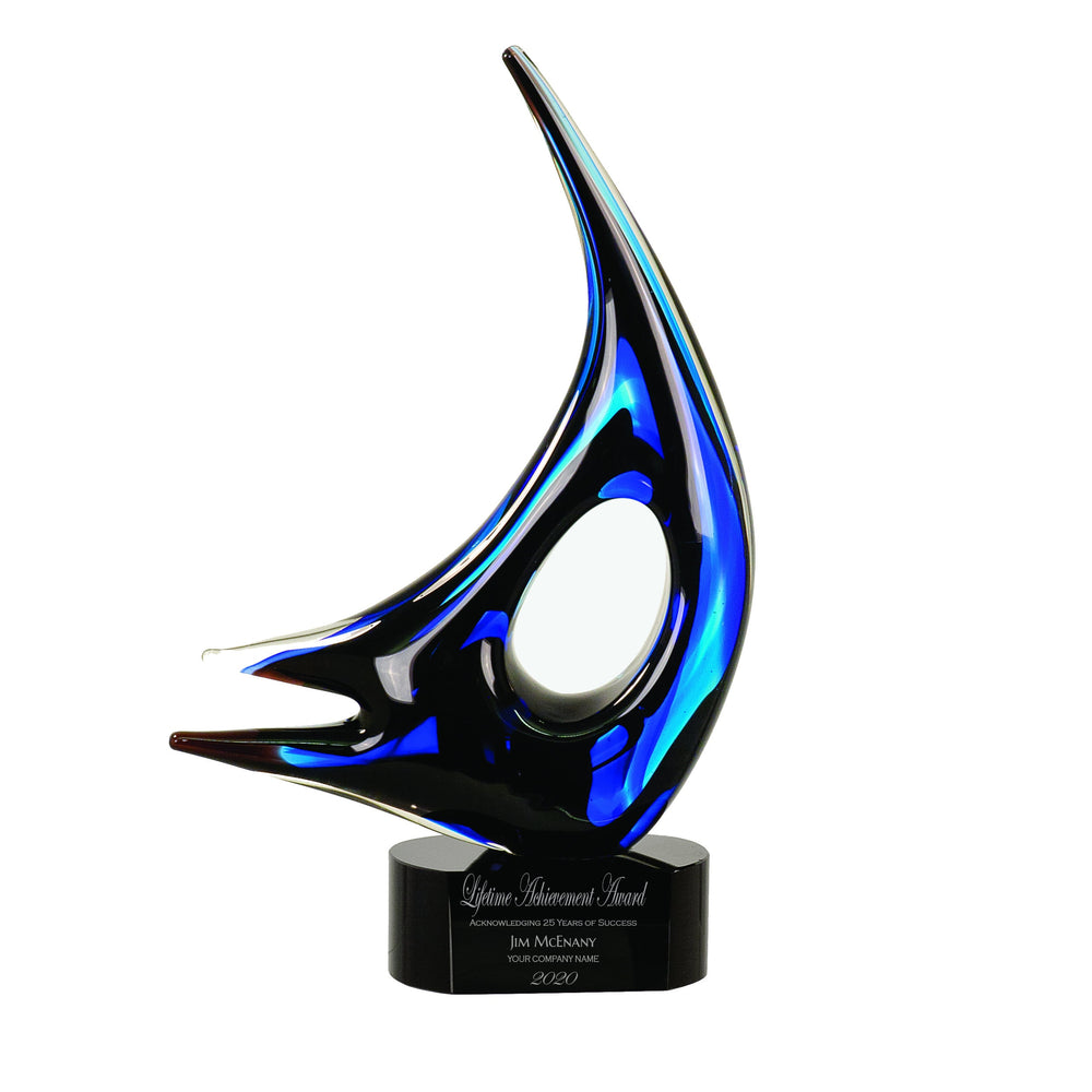 Ravanox Blue Sail Art Glass Award Statue, 14 1/4" lifetime engraving