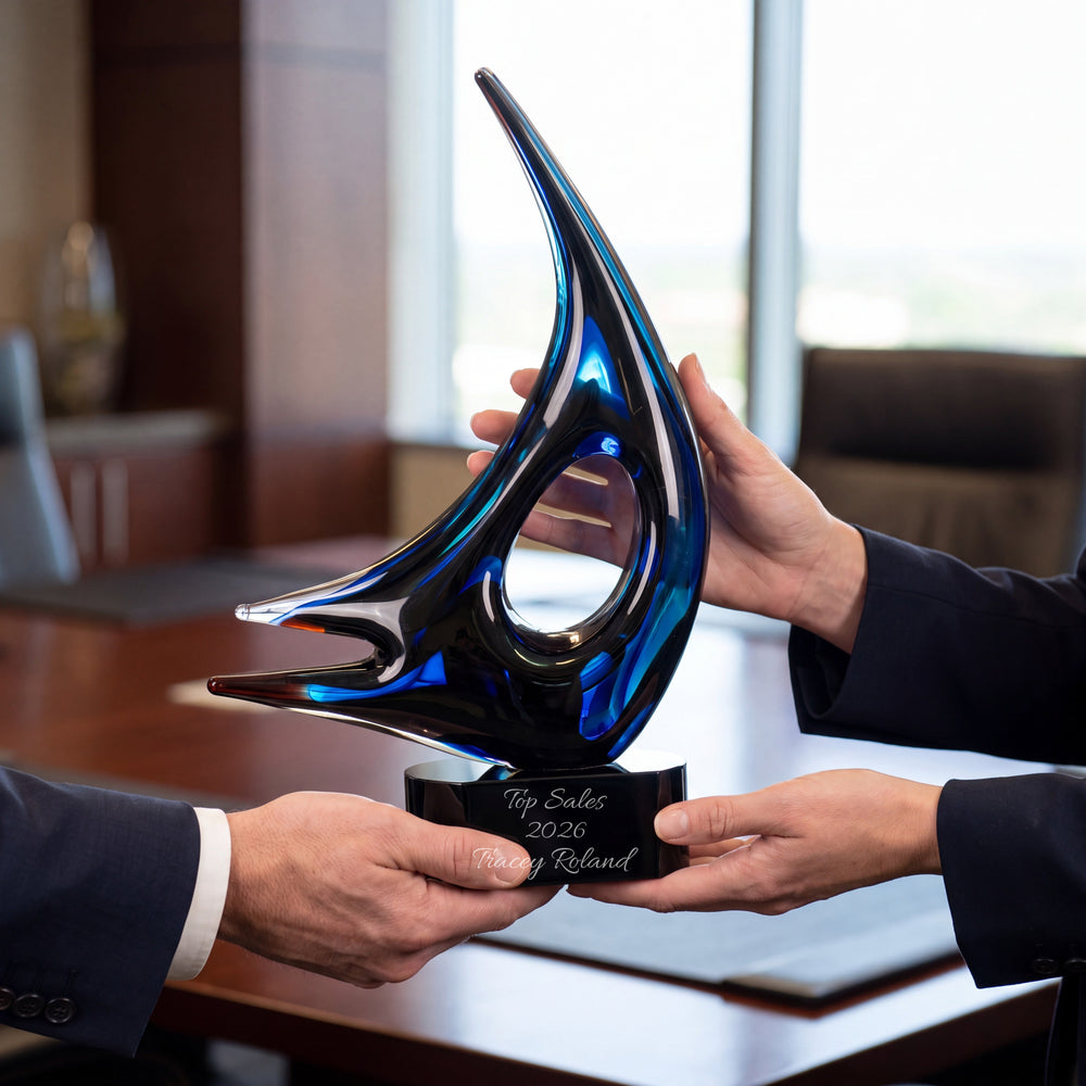 Ravanox Blue Sail Art Glass Award Statue, 14.25" lifetime engraving