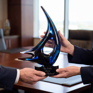 Ravanox Blue Sail Art Glass Award Statue, 14.25" lifetime engraving