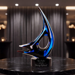 Ravanox Blue Sail Art Glass Award Statue, 14.25" lifetime engraving