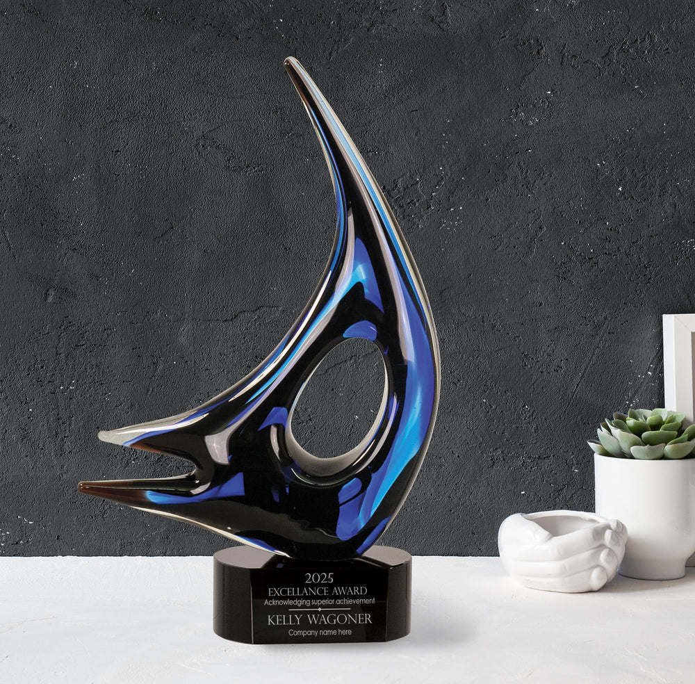 Ravanox Blue Sail Art Glass Award Statue, 14 1/4" lifetime engraving