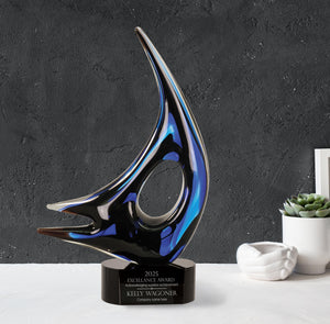 Ravanox Blue Sail Art Glass Award Statue, 14 1/4" lifetime engraving