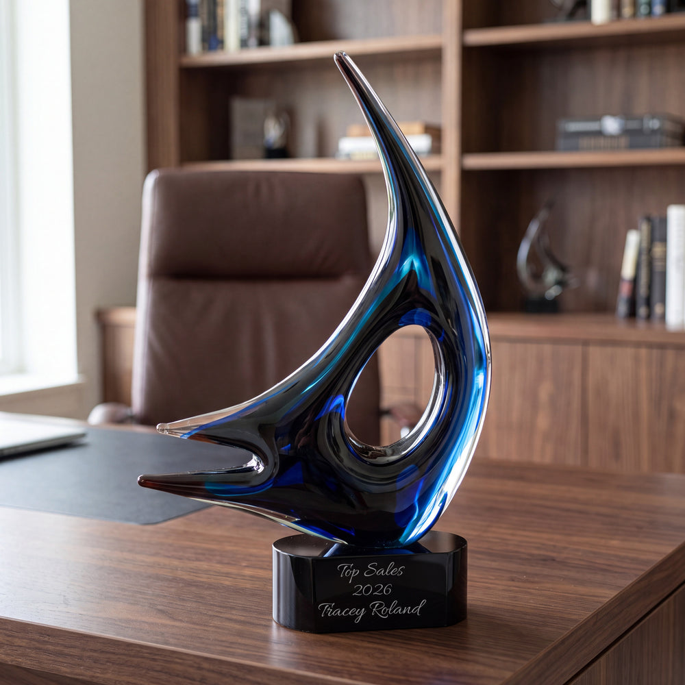 Ravanox Blue Sail Art Glass Award Statue, 14.25" lifetime engraving
