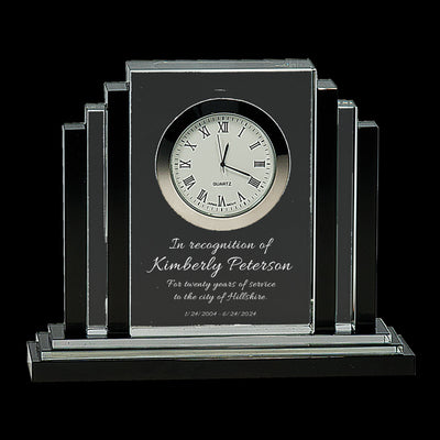 Ravanox Clear Crystal Desk Clock with Black Trim, 6" lifetime engraving