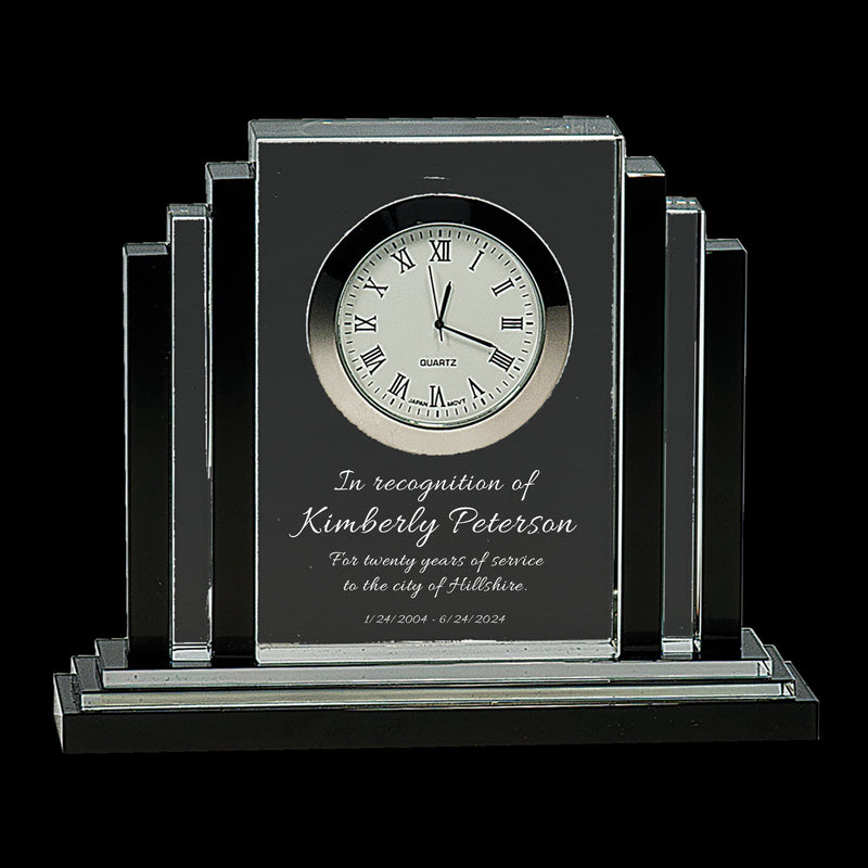 Ravanox Clear Crystal Desk Clock with Black Trim, 6" lifetime engraving