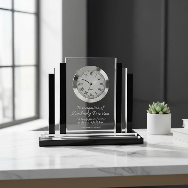 Ravanox Clear Crystal Desk Clock with Black Trim, 6"
