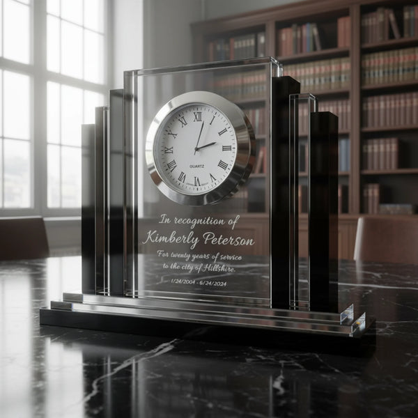 Ravanox Clear Crystal Desk Clock with Black Trim, 6"