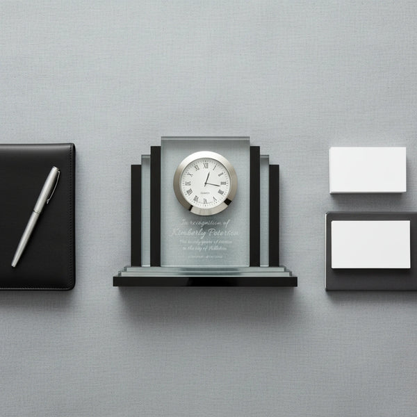 Ravanox Clear Crystal Desk Clock with Black Trim, 6"