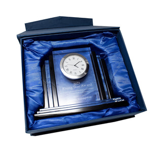 Ravanox Clear Crystal Desk Clock with Black Trim, 6" lifetime engraving