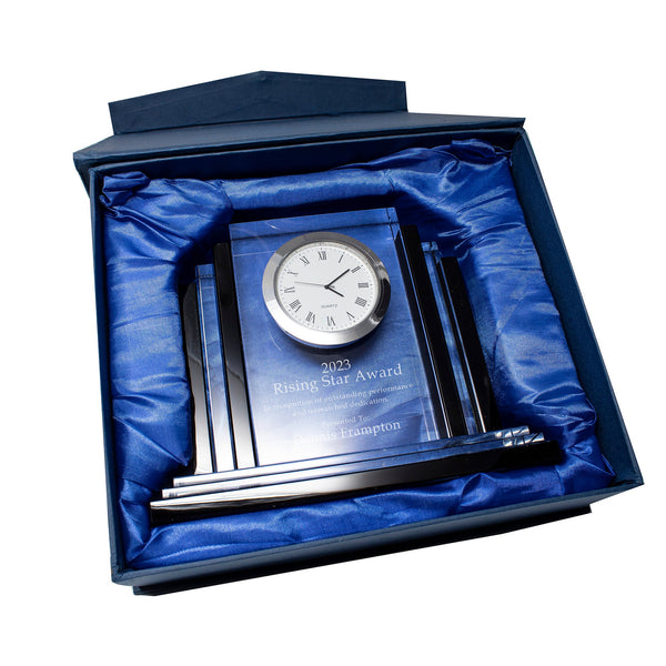 Ravanox Clear Crystal Desk Clock with Black Trim, 6" lifetime engraving