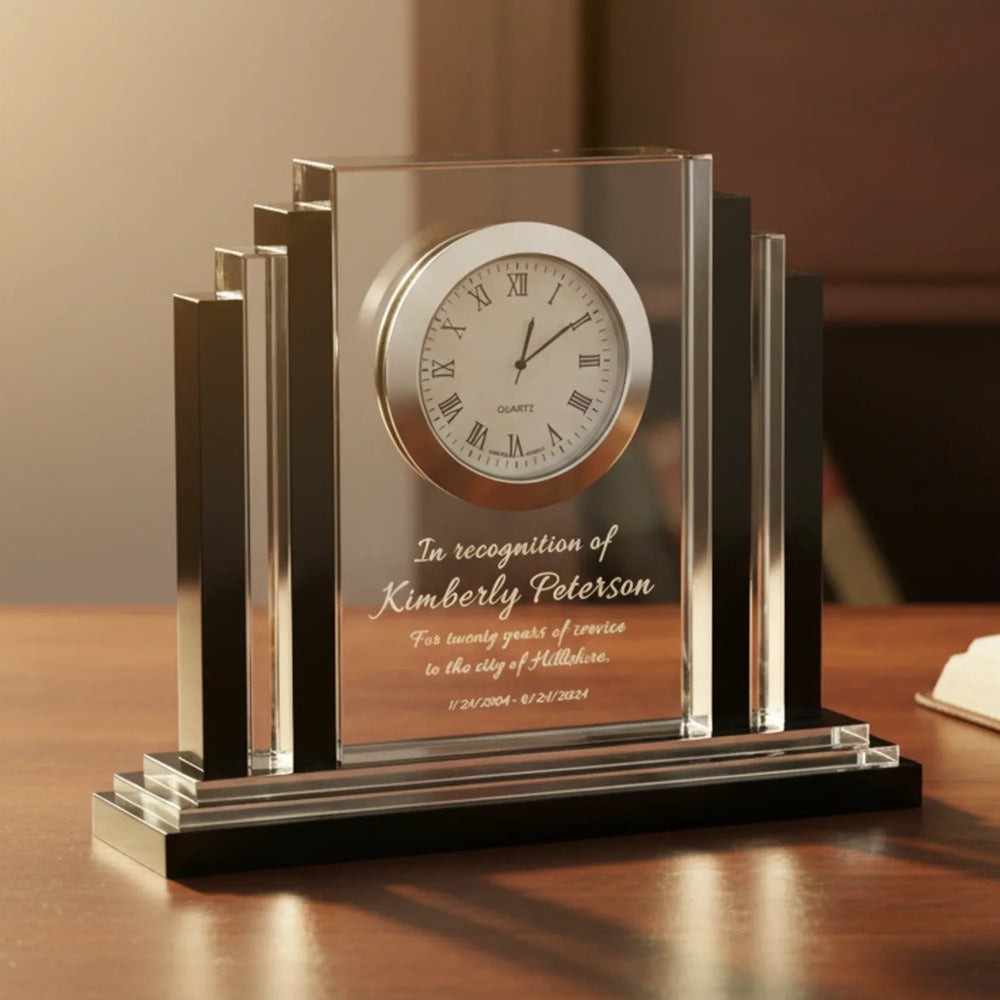 Ravanox Clear Crystal Desk Clock with Black Trim, 6"