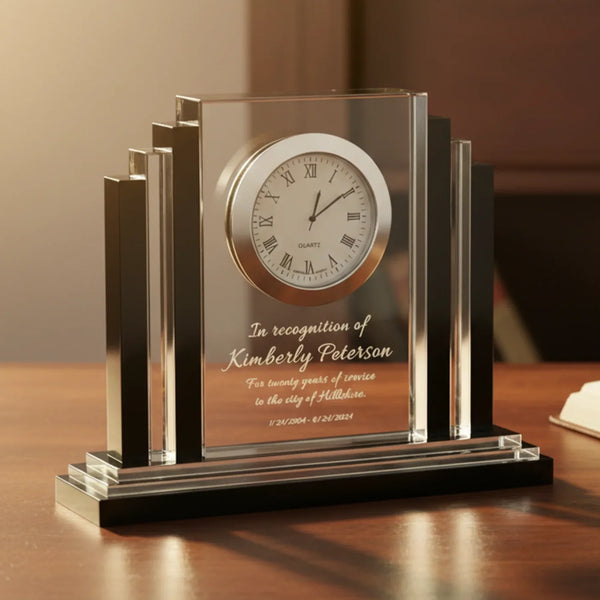 Ravanox Clear Crystal Desk Clock with Black Trim, 6"