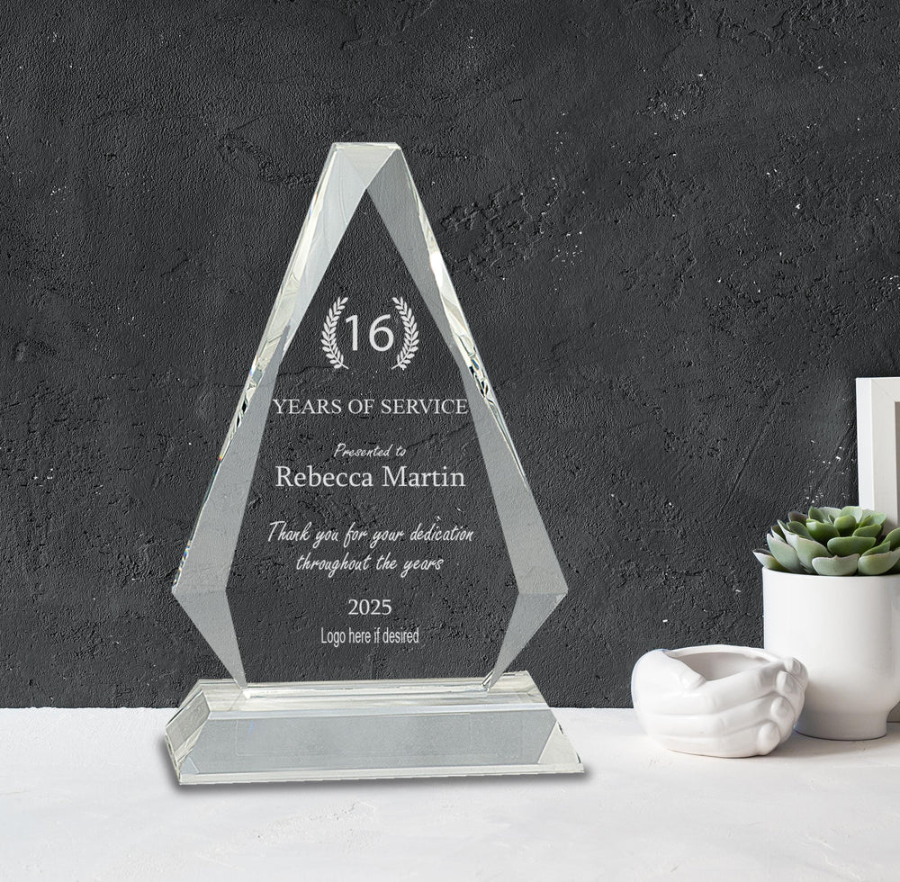 Ravanox Clear Crystal Diamond Triangle Award, 8" lifetime engraving