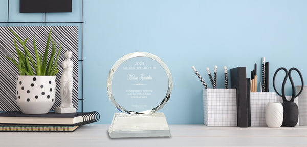 Ravanox Clear Round Facet Crystal Award, 5" lifetime engraving