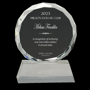 Ravanox Clear Round Facet Crystal Award, 5" lifetime engraving